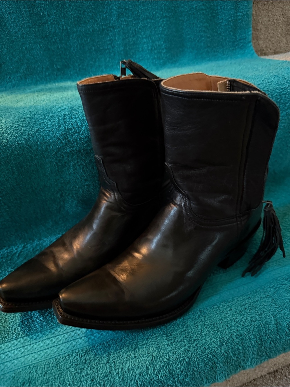 Lucchese 1883 Square Toe Men's Black Leather Western Boots with Tassel Detail